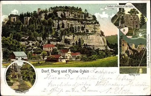 Litho Oybin in Sachsen, Dorf, Berg, Ruine, Oberes Burgtor, Friedhof und Kirchruine, Hausgrund
