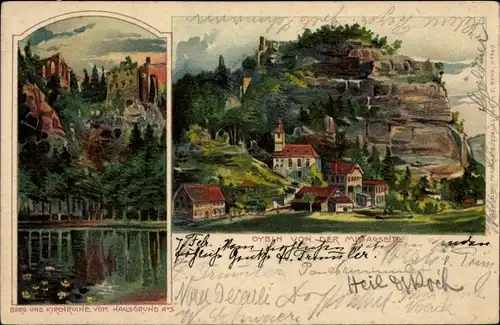 Künstler Litho Oybin in Sachsen, Burg und Kirchruine vom Hausgrund aus