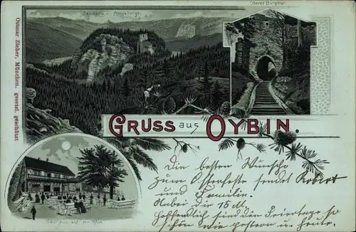 Mondschein Litho Oybin in Sachsen, Panorama vom Pferdeberge, Oberes Burgtor, Gasthaus