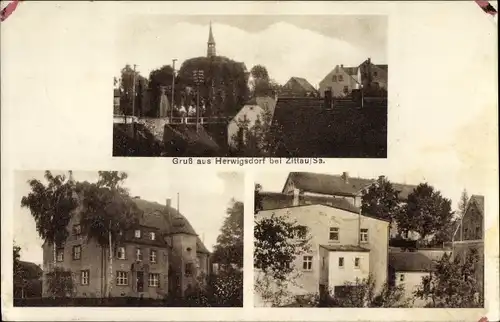 Ak Mittelherwigsdorf in Sachsen, Stadtansichten, Wohnhäuser, Kirchturm