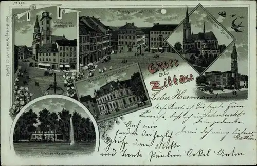 Mondschein Litho Zittau in der Oberlausitz, Katholische Kirche, Johanneum, Weinau Restaurant, Post