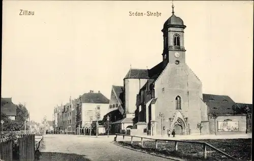 Ak Zittau in der Oberlausitz, Partie in der Sedanstraße, Kirche, Böttchermeister Julius Kaiser