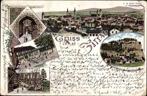 Litho Zittau in der Oberlausitz, Oybin, Friedhof, Kirchruine, Gesellschaftsplatz, Stadtpanorama