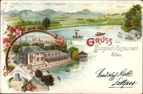 Litho Zittau in der Oberlausitz, Burgteich Restaurant, Denkmal, Breiteberg, Hochwald, Töpfer, Oybin