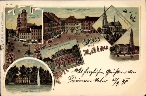 Litho Zittau in der Oberlausitz, Marktplatz, Amtsgericht, Johanneum, Kirche, Kaiserliches Postamt