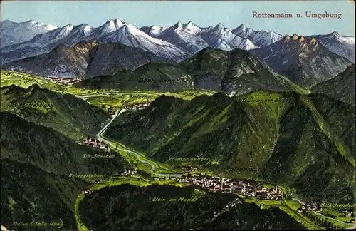 Künstler Ak Felle, Eugen, Rottenmann Steiermark, Ortschaft mit Landschaftspanorama, Stein am Mandl
