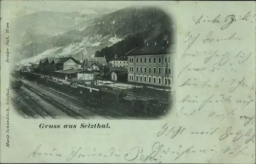 Mondschein Ak Selzthal Steiermark, Blick auf den Bahnhof, Güterwaggons, Hotel zur Krone