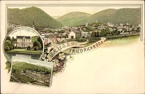 Litho Friedrichroda im Thüringer Wald, Schloss Reinhardsbrunn, Kurhaus, Panorama vom Ort