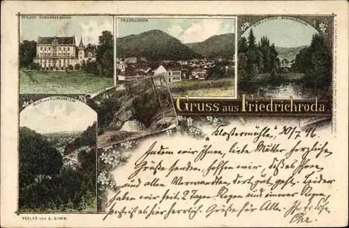 Litho Friedrichroda im Thüringer Wald, Schloss Reinhardsbrunn, Torstein, Blick vom Klinkenstein
