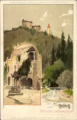 Künstler Litho Zetsche, Seebenstein in Niederösterreich, Blick zum Schloss, Schlossbrunnen