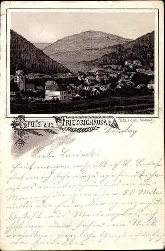 Litho Friedrichroda im Thüringer Wald, Panoramaansicht von Ortschaft und Umgebung
