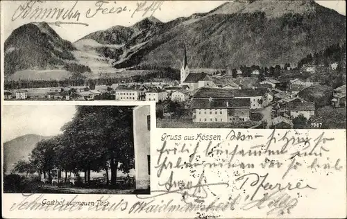 Ak Kössen in Tirol, Gasthof zur neuen Post, Panorama vom Ort