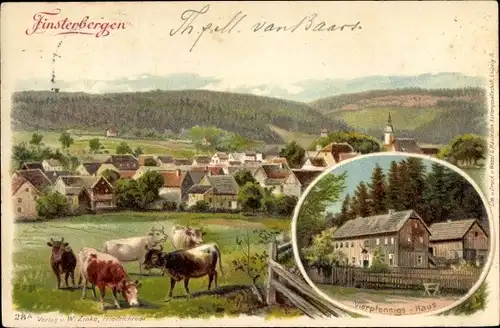 Litho Finsterbergen Friedrichroda Thüringen, Vierpfennigs Haus, Kuhweide, Panorama vom Ort