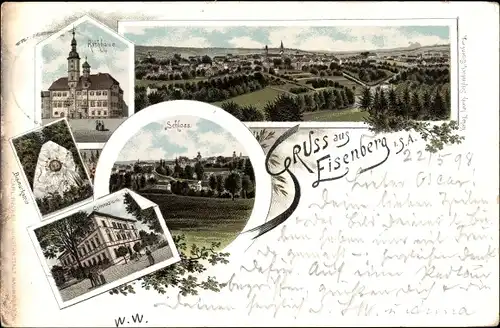 Litho Eisenberg im Saale Holzland Kreis, Schloss, Rathaus, Bismarck Stein, Gymnasium