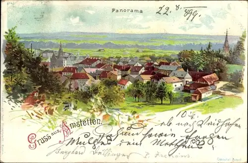 Litho Amstetten in Niederösterreich, Ortschaft mit Landschaftsblick