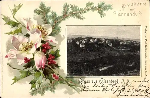 Passepartout Ak Eisenberg im Saale Holzland Kreis, Postkarte mit Tannenduft, Panorama vom Ort