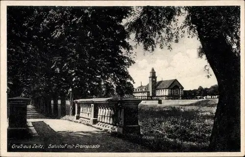 Ak Zeitz an der Weißen Elster im Burgenlandkreis, Bahnhof mit Promenade