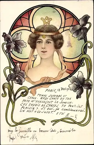 Jugendstil Litho Portrait einer jungen Frau, Kopfschmuck, Blüten