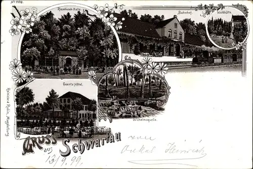 Litho Bad Schwartau Ostholstein, Riesebusch Halle, Bahnhof, Waldhütte, Geertz Hotel, Wilhelmsquelle