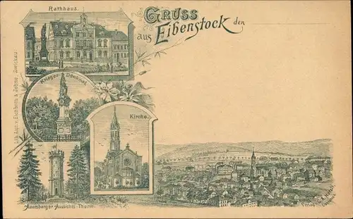 Litho Eibenstock im Erzgebirge Sachsen, Rathaus, Kriegerdenkmal, Kirche, Auerberger Aussichtsturm