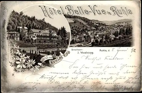 Vorläufer Litho Ruhla in Westthüringen, Hotel Belle-Vue, Inh. J. Moskopp, Panorama