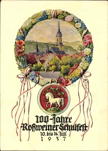 Künstler Ak Roßwein in Sachsen, 100 Jahre Roßweiner Schulfest 1937, Blumenkranz, Wappen