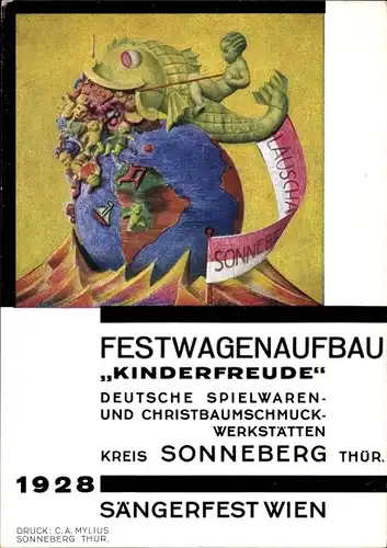 Künstler Ak Sonneberg in Thüringen, Festwagenaufbau Kinderfreude, Spielwarenwerkstätten, Fisch