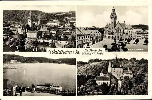 Ak Waldheim in Mittelsachsen, Markt, Rathaus, Talsperre Kriebstein, Schloss