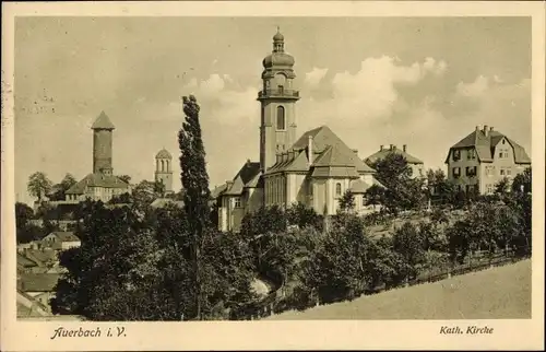 Ak Auerbach im Erzgebirge, Blick auf die katholische Kirche, Schlossturm 