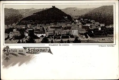 Litho Bad Schandau an der Elbe, Totalansicht von der Stadt