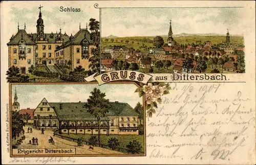 Litho Dürrröhrsdorf Dittersbach in Sachsen, Schloss, Erbgericht, Stadtpanorama
