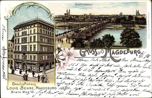 Litho Magdeburg in Sachsen Anhalt, Geschäftshaus Louis Behne, Breite Weg 16, Stadtpanorama