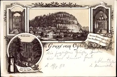 Vorläufer Litho Oybin in Sachsen, Kirchruine, Kreuzgang, Mönch, Panorama vom Ort