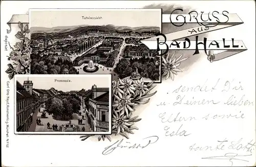 Litho Bad Hall in Oberösterreich, Totalansicht von der Stadt, Promenade