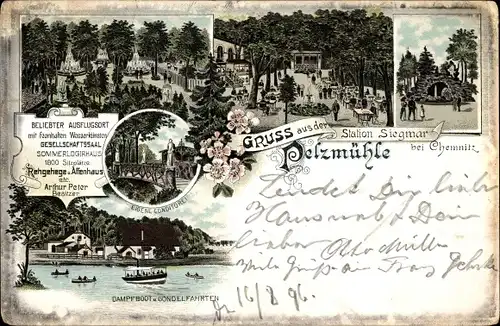 Litho Siegmar Chemnitz in Sachsen, Pelzmühle, Bes. Arthur Peter, Dampfboot, Affenhaus, Konditorei