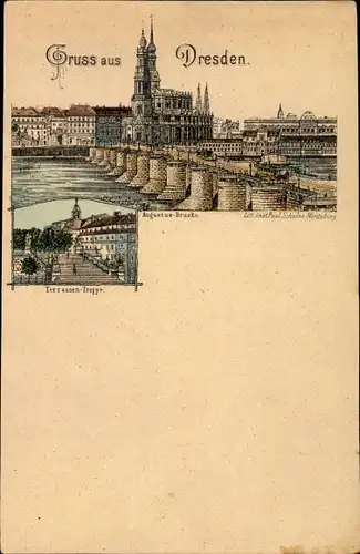 Litho Dresden, Augustus Brücke, Terrassen Treppe, Stadtpanorama