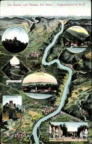 Landkarten Ak Felle, Eugen, Aschach an der Donau in Oberösterreich, Vogelschaubild Nr. III, Eferding