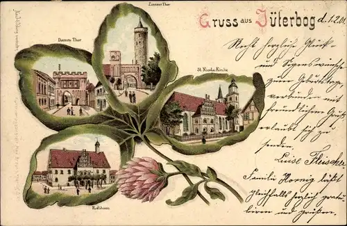 Kleeblatt Litho Jüterbog im Kreis Teltow Fläming, St. Nikolai Kirche, Rathaus, Zinnaer Tor, Dammtor 