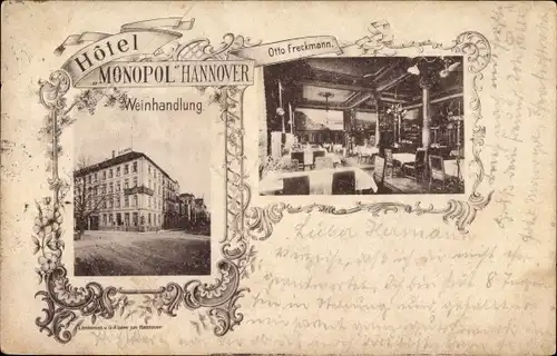 Ak Hannover in Niedersachsen, Hotel Monopol, Weinhandlung, Inh. Otto Freckmann