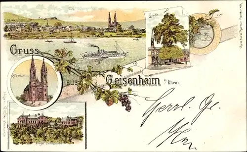 Litho Geisenheim am Rhein Hessen, Pfarrkirche, Lehranstalt, Linde