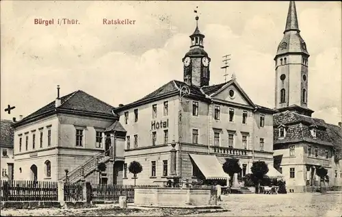 Ak Bürgel Thüringen, Hotel Ratskeller, Außenansicht, Türme