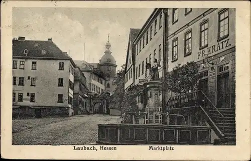 Ak Laubach in Hessen, Marktplatz, Geschäft F. R. Kratz, Brunnen, Turm