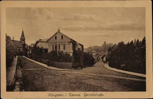 Ak Königstein im Taunus Hessen, Gerichtstraße, Kirche und Burgruine, Wohnhäuser