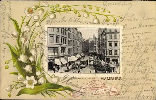 Präge Passepartout Ak Hamburg Mitte Altstadt, Großer Burstah, Straßenbahnen, Geschäfte, Maiglöckchen