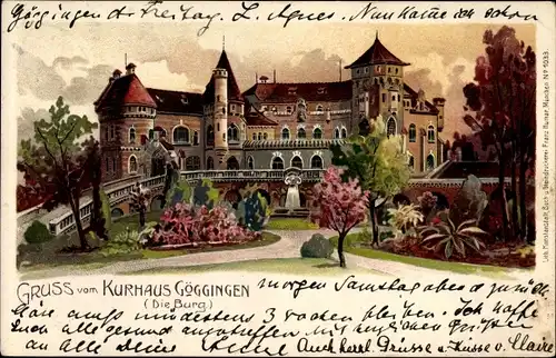 Litho Augsburg in Schwaben, Gruss vom Kurhaus Göggingen, Die Burg, Gartenseite