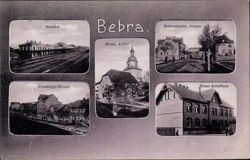 Ak Bebra an der Fulda in Hessen, Bahnhof, Nürnberger Straße, Kirche, Breitenbacher Straße, Schulhaus