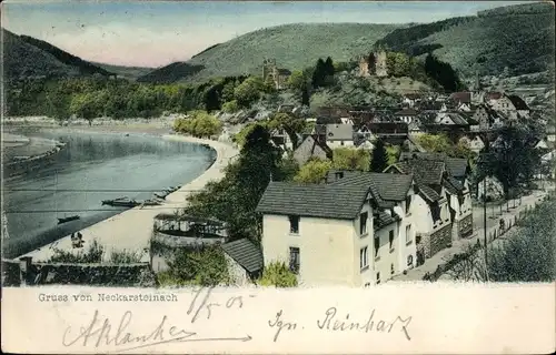 Ak Neckarsteinach im Kreis Bergstraße Hessen, Flusspartie mit Blick auf die Stadt 