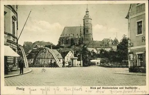 Ak Penig in Sachsen, Blick auf Muldenbrücke und Stadtkirche, Badeanstalt