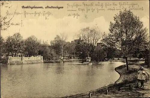 Ak Recklinghausen im Ruhrgebiet, Stadtanlagen, Teichpartie, Entenhaus