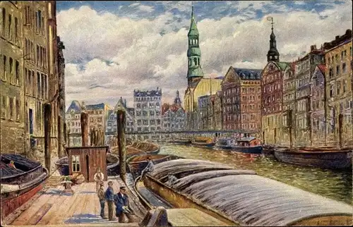 Künstler Ak Ullmann, Max, Hamburg Mitte Altstadt, Fleet mit Reimersbrücke und Katharinenkirche